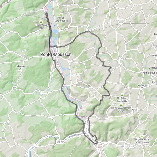 Miniature de la carte de l'inspiration cycliste "Dieulouard - Custines Circuit" dans la Lorraine, France. Générée par le planificateur d'itinéraire cycliste Tarmacs.app