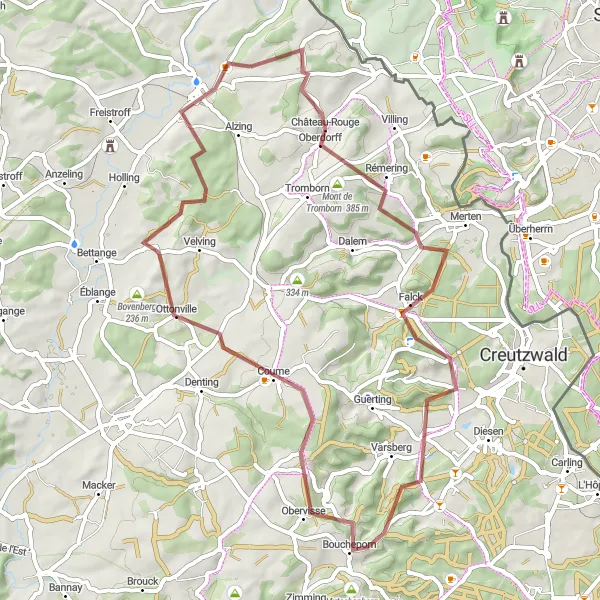 Map miniature of "From Bouzonville to Château-Rouge" cycling inspiration in Lorraine, France. Generated by Tarmacs.app cycling route planner