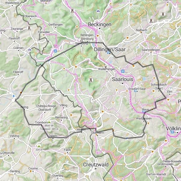 Map miniature of "Road route from Bouzonville to Alzing" cycling inspiration in Lorraine, France. Generated by Tarmacs.app cycling route planner