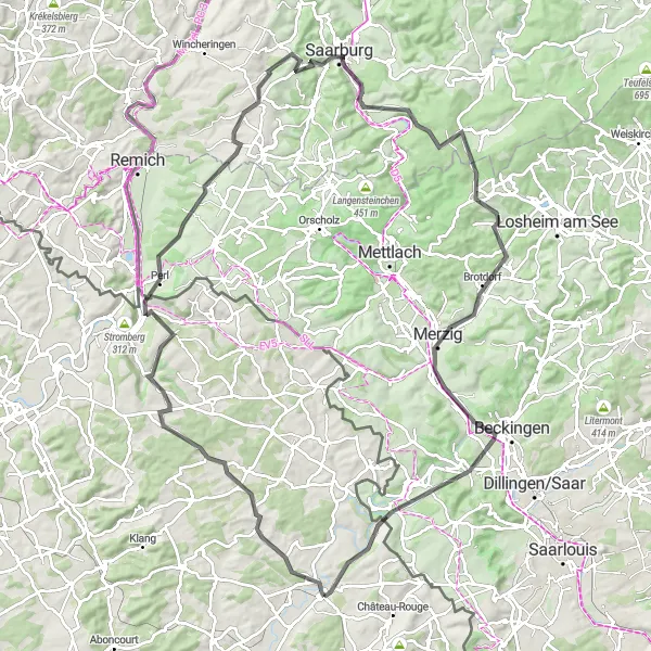 Map miniature of "Road route from Bouzonville to Guerstling and beyond" cycling inspiration in Lorraine, France. Generated by Tarmacs.app cycling route planner