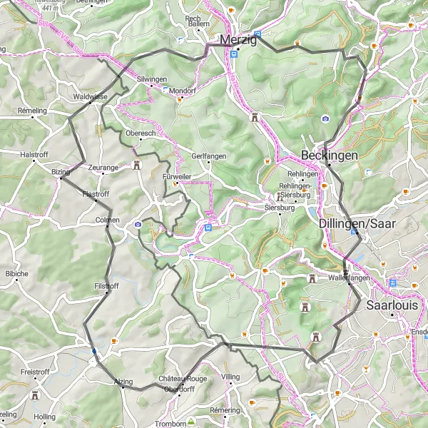 Map miniature of "The Filstroff Loop" cycling inspiration in Lorraine, France. Generated by Tarmacs.app cycling route planner