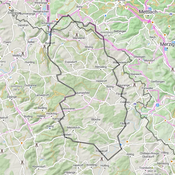 Map miniature of "Road Cycling Route: Bouzonville to Colmen" cycling inspiration in Lorraine, France. Generated by Tarmacs.app cycling route planner