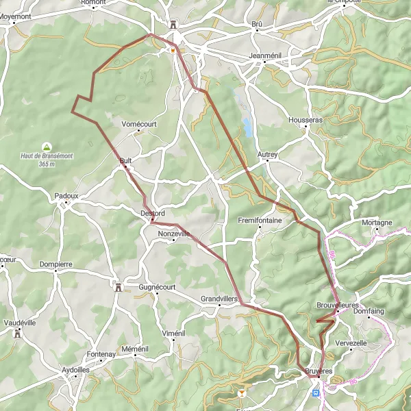 Miniature de la carte de l'inspiration cycliste "Parcours gravel à travers les forêts vosgiennes" dans la Lorraine, France. Générée par le planificateur d'itinéraire cycliste Tarmacs.app