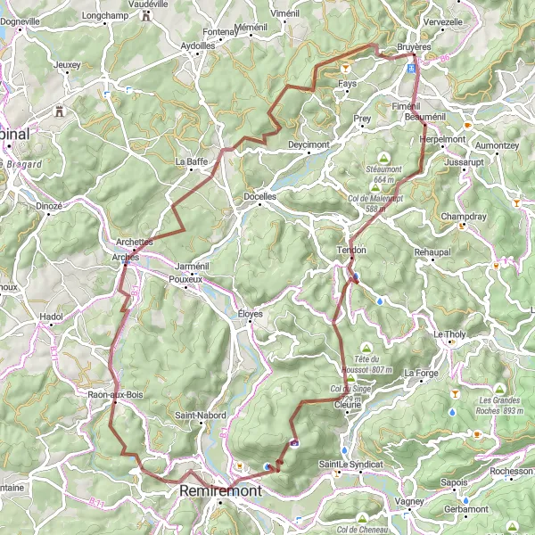Map miniature of "Gravel Cycling Tour around Bruyères" cycling inspiration in Lorraine, France. Generated by Tarmacs.app cycling route planner