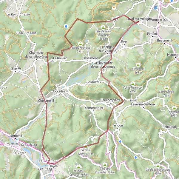 Map miniature of "Scenic Gravel Adventure near Bruyères" cycling inspiration in Lorraine, France. Generated by Tarmacs.app cycling route planner