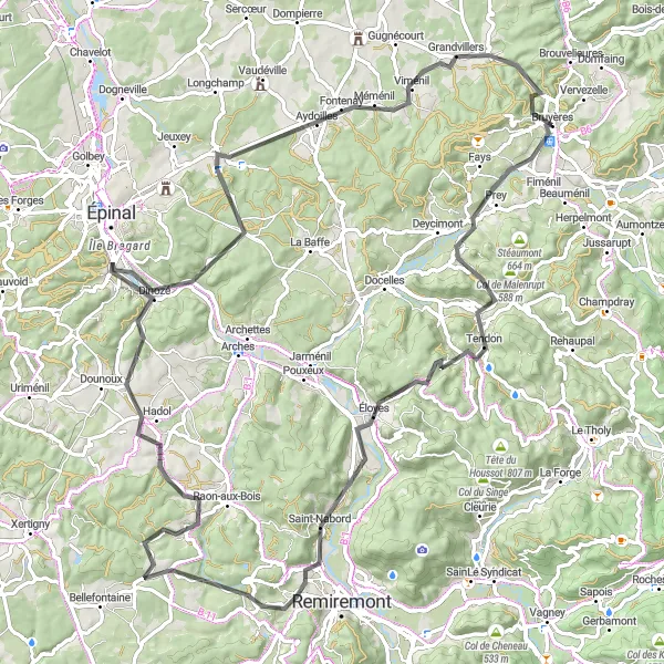 Miniature de la carte de l'inspiration cycliste "Parcours autour de Bruyères via le Col de la Bijoire" dans la Lorraine, France. Générée par le planificateur d'itinéraire cycliste Tarmacs.app