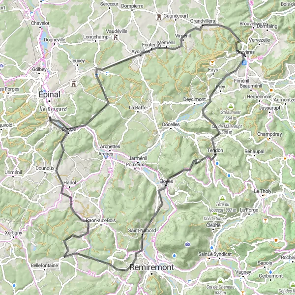 Map miniature of "Scenic Roules of Bruyères" cycling inspiration in Lorraine, France. Generated by Tarmacs.app cycling route planner