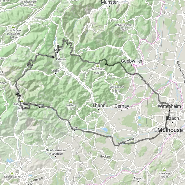 Map miniature of "Vosges Adventure" cycling inspiration in Lorraine, France. Generated by Tarmacs.app cycling route planner