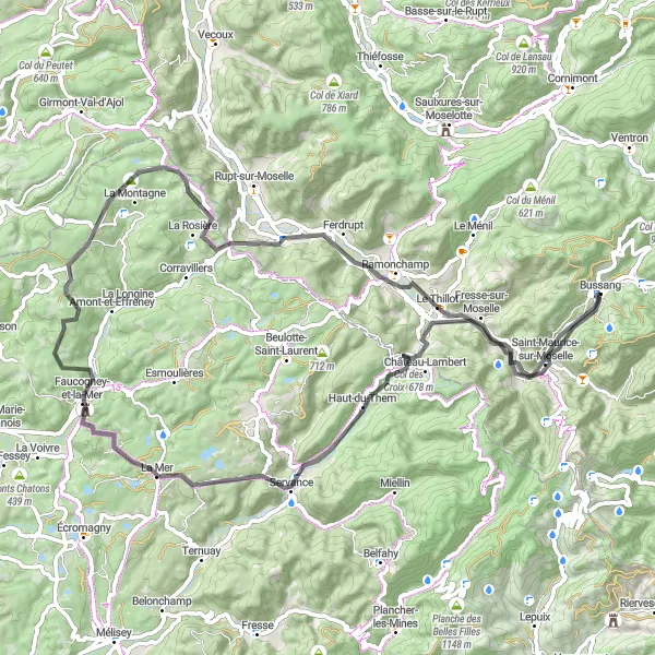 Map miniature of "Bussang Road Adventure" cycling inspiration in Lorraine, France. Generated by Tarmacs.app cycling route planner