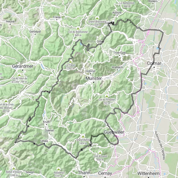 Map miniature of "Les Vosges Mythiques" cycling inspiration in Lorraine, France. Generated by Tarmacs.app cycling route planner