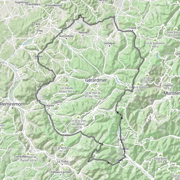 Map miniature of "Bussang Road Epic" cycling inspiration in Lorraine, France. Generated by Tarmacs.app cycling route planner