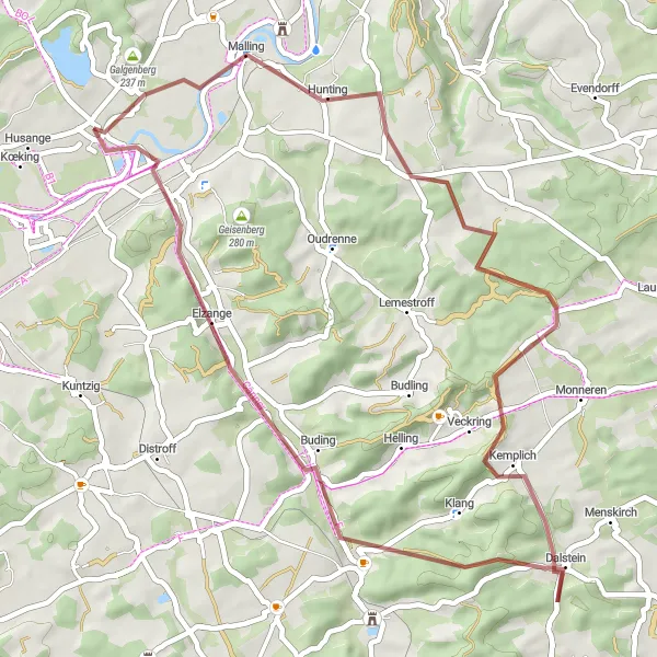 Miniature de la carte de l'inspiration cycliste "Escapade Gravel près de Sierck-les-Bains" dans la Lorraine, France. Générée par le planificateur d'itinéraire cycliste Tarmacs.app