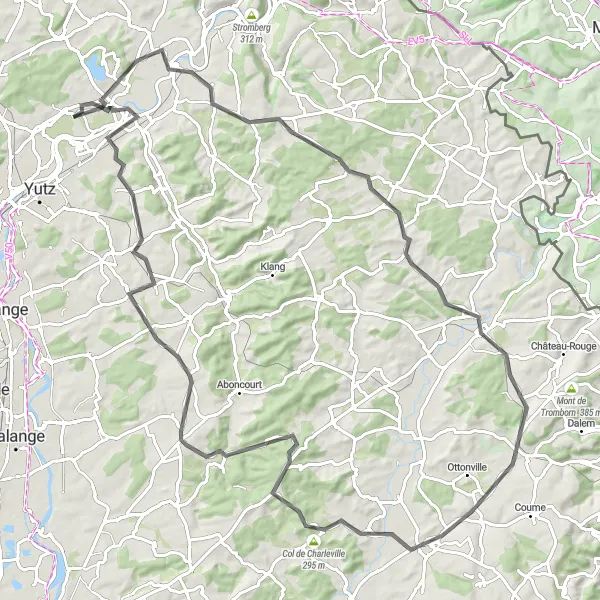 Miniature de la carte de l'inspiration cycliste "Parcours des Côtes de Moselle" dans la Lorraine, France. Générée par le planificateur d'itinéraire cycliste Tarmacs.app