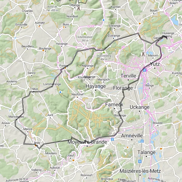 Miniature de la carte de l'inspiration cycliste "Aventure à Thionville et Stuerzenberg" dans la Lorraine, France. Générée par le planificateur d'itinéraire cycliste Tarmacs.app