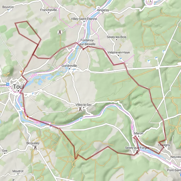 Map miniature of "Toul to Fontenoy-sur-Moselle Gravel Adventure" cycling inspiration in Lorraine, France. Generated by Tarmacs.app cycling route planner