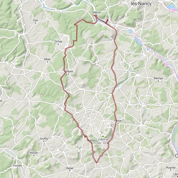 Map miniature of "Bainville-sur-Madon Gravel Adventure" cycling inspiration in Lorraine, France. Generated by Tarmacs.app cycling route planner