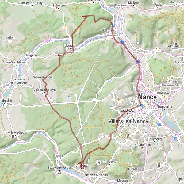 Map miniature of "Seille Valley Gravel Adventure" cycling inspiration in Lorraine, France. Generated by Tarmacs.app cycling route planner