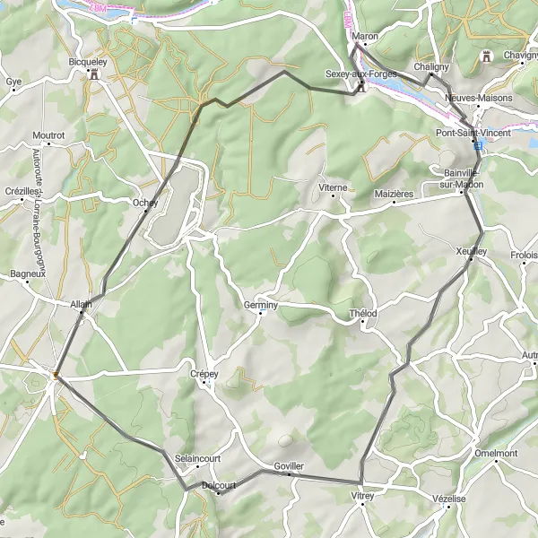 Map miniature of "Scenic Ride from Chaligny to Sexey-aux-Forges via Goviller and Allain" cycling inspiration in Lorraine, France. Generated by Tarmacs.app cycling route planner