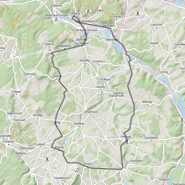 Map miniature of "Neuves-Maisons to Bainville-sur-Madon Loop" cycling inspiration in Lorraine, France. Generated by Tarmacs.app cycling route planner