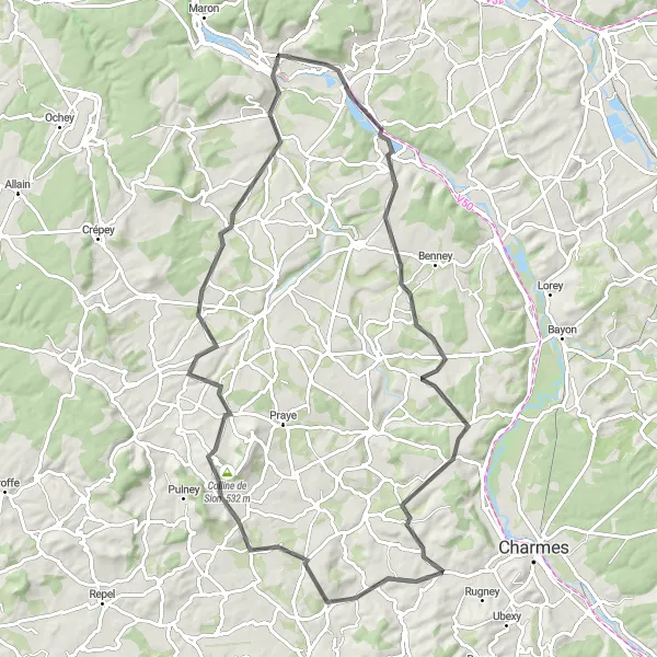 Miniature de la carte de l'inspiration cycliste "Boucle vers Neuves-Maisons et Bainville-sur-Madon" dans la Lorraine, France. Générée par le planificateur d'itinéraire cycliste Tarmacs.app
