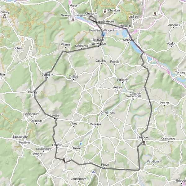 Map miniature of "Chaligny Road Adventure" cycling inspiration in Lorraine, France. Generated by Tarmacs.app cycling route planner