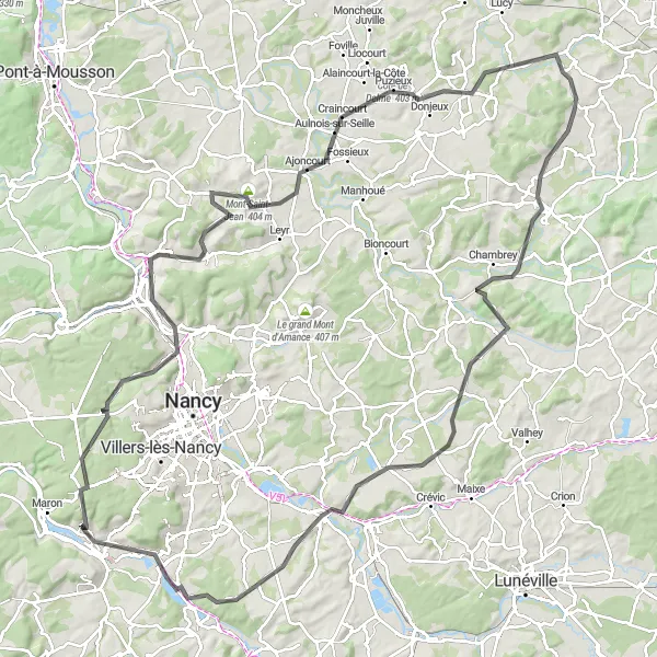 Miniature de la carte de l'inspiration cycliste "Tour panoramique de Custines" dans la Lorraine, France. Générée par le planificateur d'itinéraire cycliste Tarmacs.app