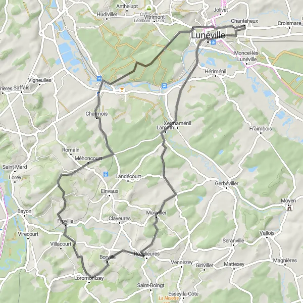 Miniature de la carte de l'inspiration cycliste "Parcours historique autour de Lunéville" dans la Lorraine, France. Générée par le planificateur d'itinéraire cycliste Tarmacs.app