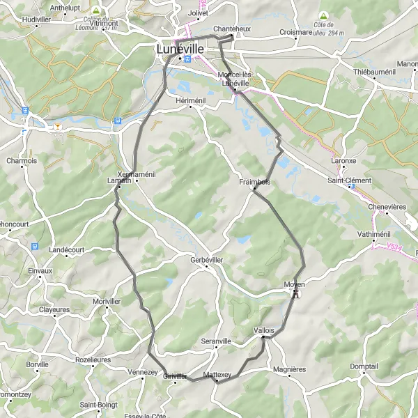Miniature de la carte de l'inspiration cycliste "Boucle par Fraimbois et Vallois" dans la Lorraine, France. Générée par le planificateur d'itinéraire cycliste Tarmacs.app