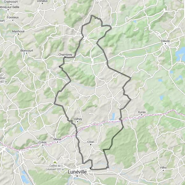 Miniature de la carte de l'inspiration cycliste "Escapade à Hoéville et Morville-lès-Vic" dans la Lorraine, France. Générée par le planificateur d'itinéraire cycliste Tarmacs.app