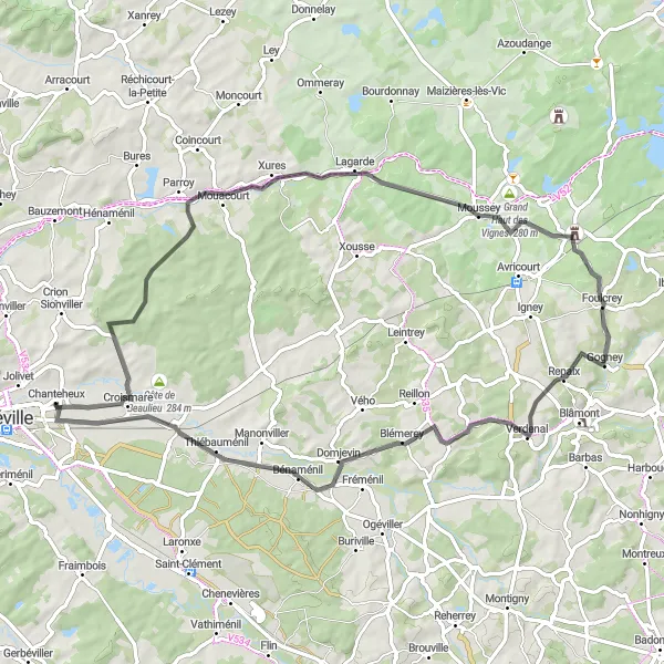 Miniature de la carte de l'inspiration cycliste "Randonnée à Xures et Moussey" dans la Lorraine, France. Générée par le planificateur d'itinéraire cycliste Tarmacs.app
