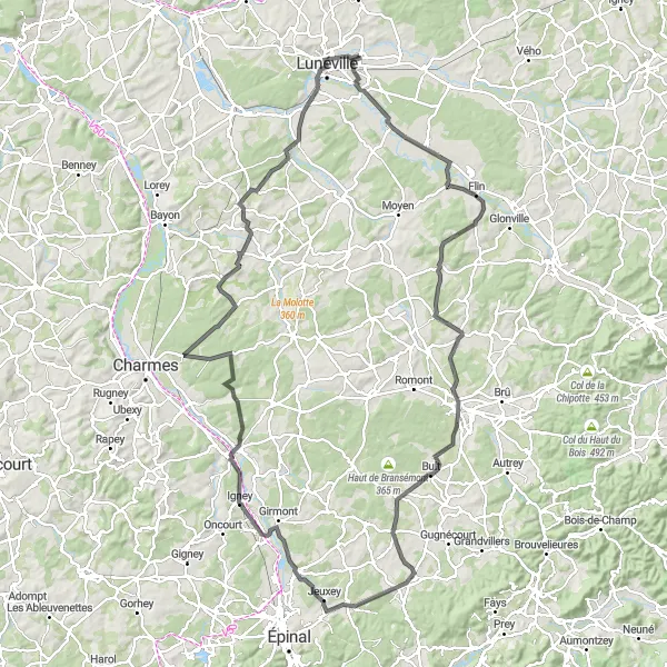 Miniature de la carte de l'inspiration cycliste "Tour des Vosges: Dompierre et Dogneville" dans la Lorraine, France. Générée par le planificateur d'itinéraire cycliste Tarmacs.app