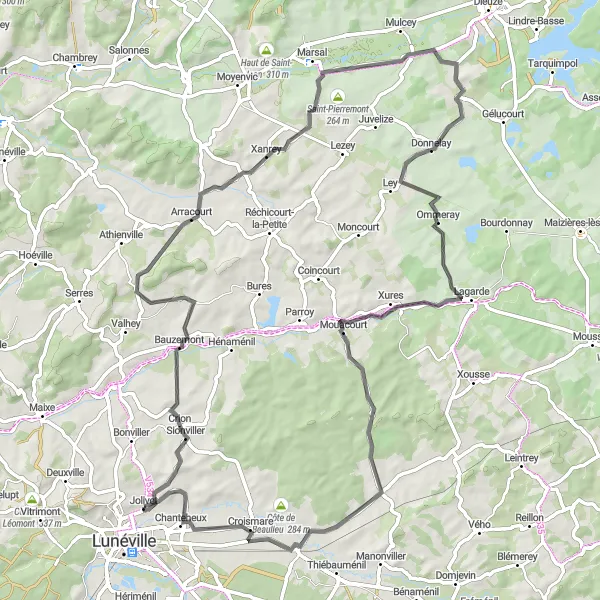 Miniature de la carte de l'inspiration cycliste "Les Secrets de la Campagne Lorraine" dans la Lorraine, France. Générée par le planificateur d'itinéraire cycliste Tarmacs.app