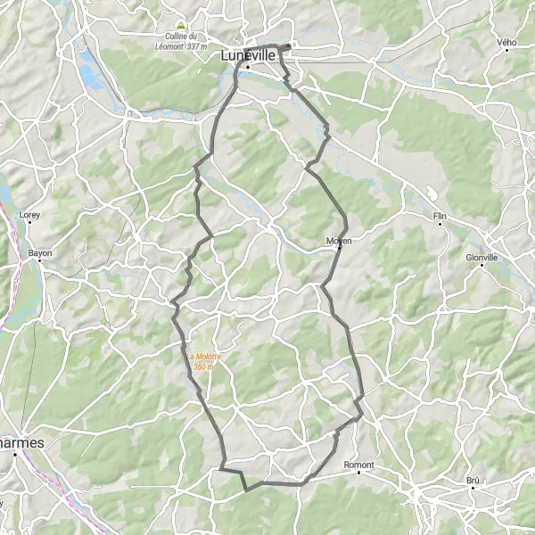 Miniature de la carte de l'inspiration cycliste "Boucle des Villages de Chanteheux" dans la Lorraine, France. Générée par le planificateur d'itinéraire cycliste Tarmacs.app