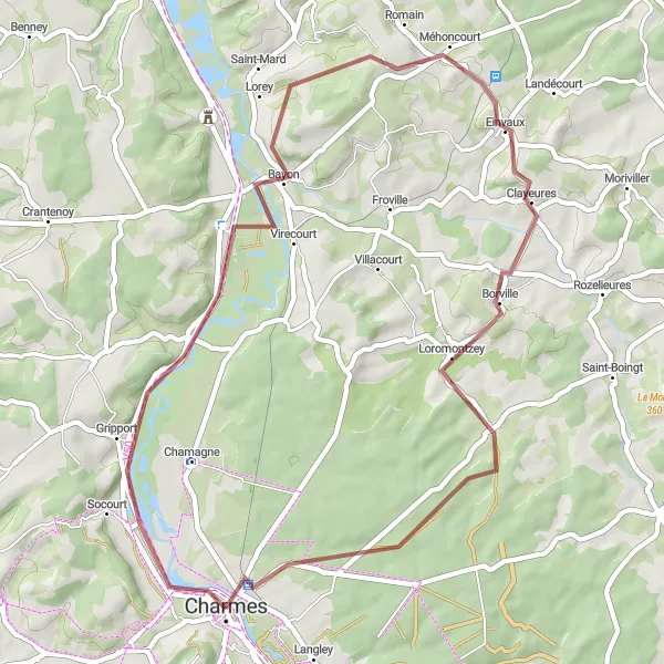 Map miniature of "Charmes Gravel Adventure" cycling inspiration in Lorraine, France. Generated by Tarmacs.app cycling route planner