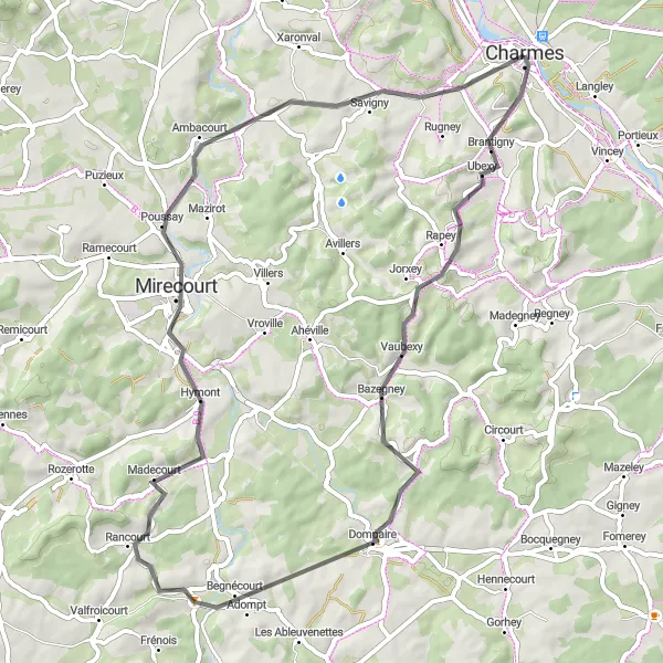 Map miniature of "Charmes to Ubexy Cycling Route" cycling inspiration in Lorraine, France. Generated by Tarmacs.app cycling route planner