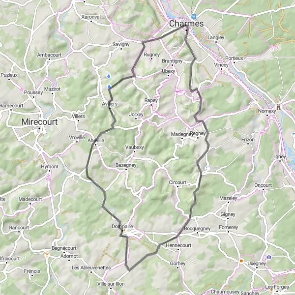 Map miniature of "Charmes to Bettegney-Saint-Brice Cycling Route" cycling inspiration in Lorraine, France. Generated by Tarmacs.app cycling route planner