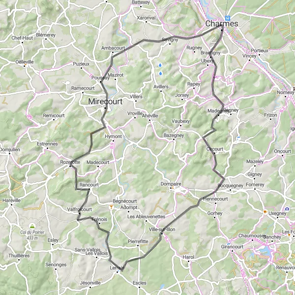 Map miniature of "Charmes Loop" cycling inspiration in Lorraine, France. Generated by Tarmacs.app cycling route planner