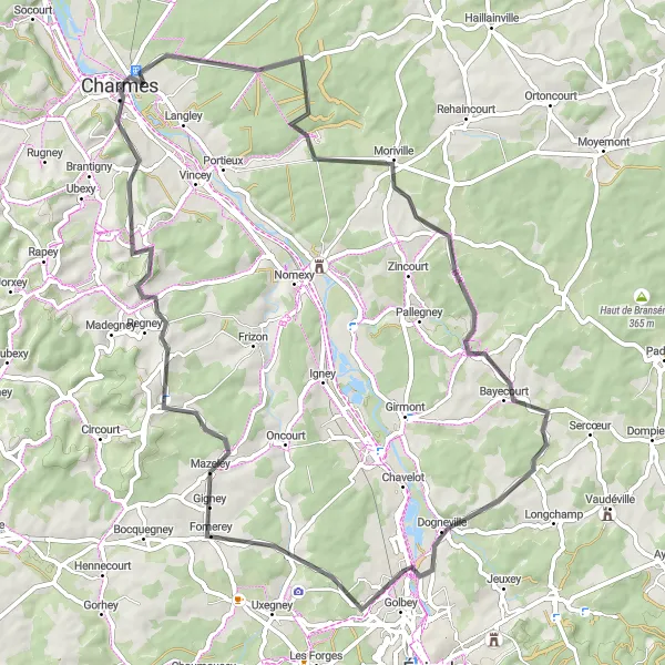 Map miniature of "Charmes Scenic Ride" cycling inspiration in Lorraine, France. Generated by Tarmacs.app cycling route planner