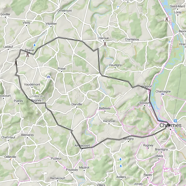 Map miniature of "Charmes Rural Escape" cycling inspiration in Lorraine, France. Generated by Tarmacs.app cycling route planner