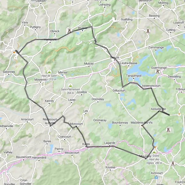 Miniature de la carte de l'inspiration cycliste "Tour de la Moselle" dans la Lorraine, France. Générée par le planificateur d'itinéraire cycliste Tarmacs.app