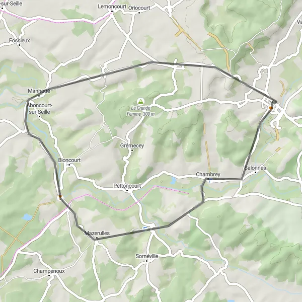 Miniature de la carte de l'inspiration cycliste "Boucle de la Seille" dans la Lorraine, France. Générée par le planificateur d'itinéraire cycliste Tarmacs.app