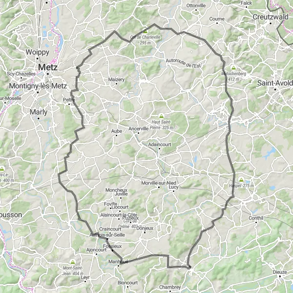 Miniature de la carte de l'inspiration cycliste "Les Collines de Seille" dans la Lorraine, France. Générée par le planificateur d'itinéraire cycliste Tarmacs.app