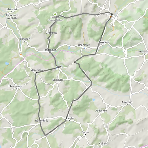 Miniature de la carte de l'inspiration cycliste "Les Secrets de Moselle" dans la Lorraine, France. Générée par le planificateur d'itinéraire cycliste Tarmacs.app