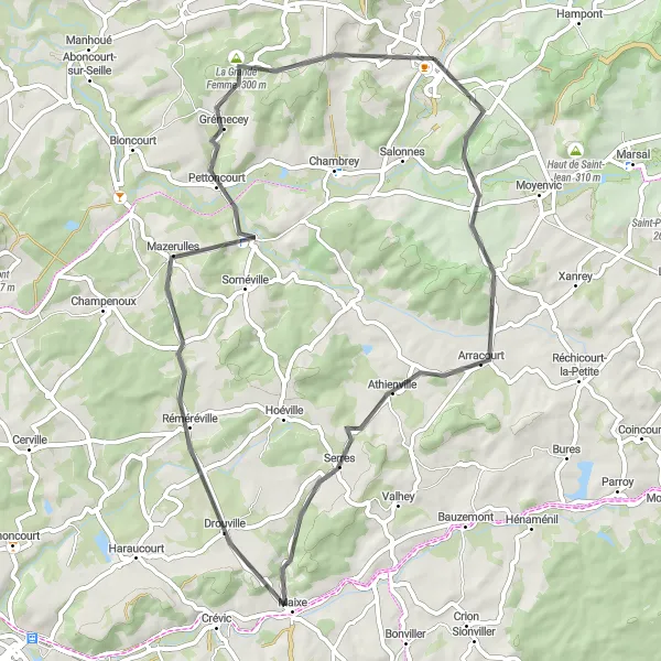 Miniature de la carte de l'inspiration cycliste "Boucle des Vallées" dans la Lorraine, France. Générée par le planificateur d'itinéraire cycliste Tarmacs.app