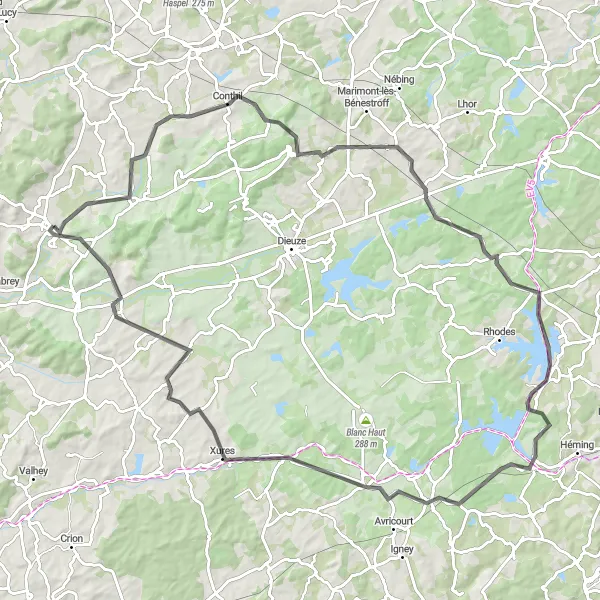 Miniature de la carte de l'inspiration cycliste "Boucle des Forêts" dans la Lorraine, France. Générée par le planificateur d'itinéraire cycliste Tarmacs.app