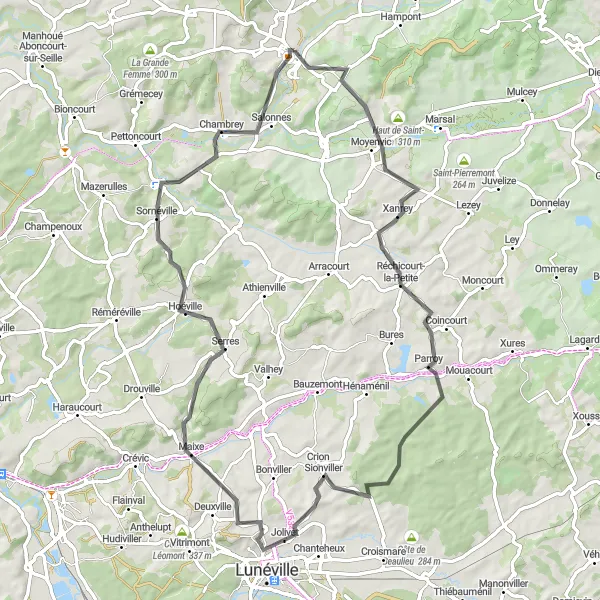 Miniature de la carte de l'inspiration cycliste "Boucle de Château-Salins" dans la Lorraine, France. Générée par le planificateur d'itinéraire cycliste Tarmacs.app
