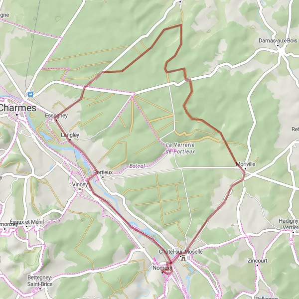 Miniature de la carte de l'inspiration cycliste "Les collines de Châtel-sur-Moselle" dans la Lorraine, France. Générée par le planificateur d'itinéraire cycliste Tarmacs.app