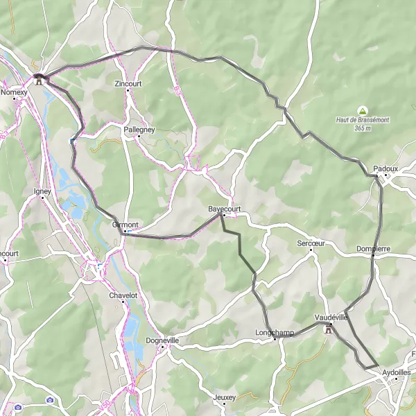 Map miniature of "Badménil-aux-Bois Loop" cycling inspiration in Lorraine, France. Generated by Tarmacs.app cycling route planner