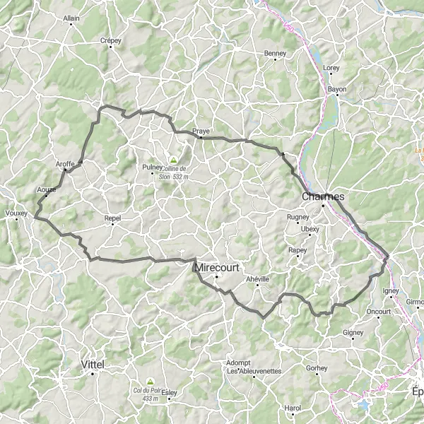 Map miniature of "Velotte-et-Tatignécourt Loop" cycling inspiration in Lorraine, France. Generated by Tarmacs.app cycling route planner