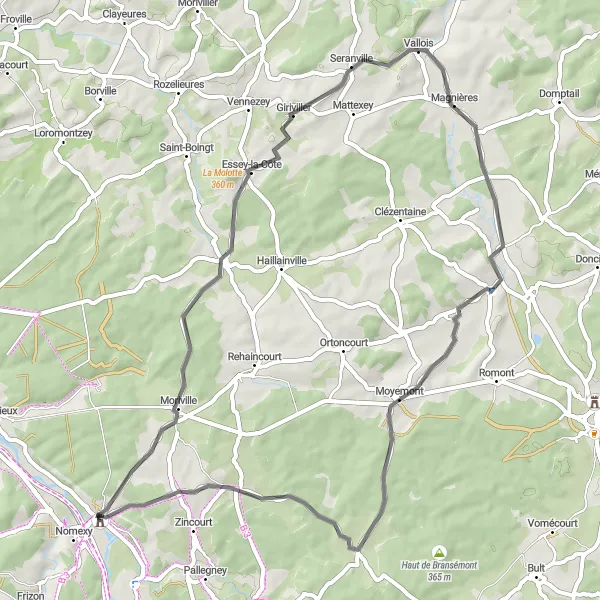 Map miniature of "Haut de la Côte d'Essey Loop" cycling inspiration in Lorraine, France. Generated by Tarmacs.app cycling route planner